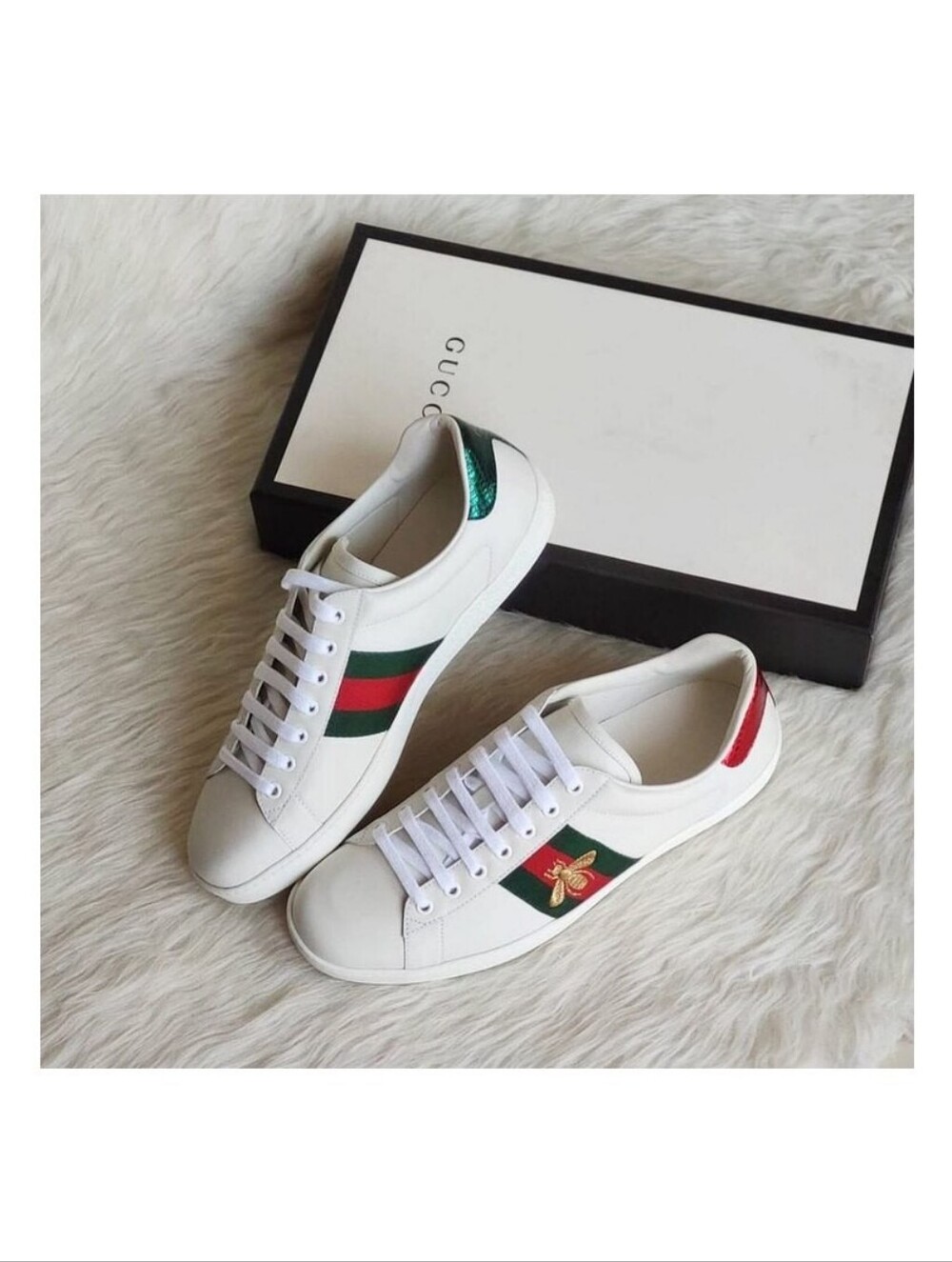 Gucci Men’s White Leather Ace Sneaker with Green-Red Web and Bee - Picture 7 of 16